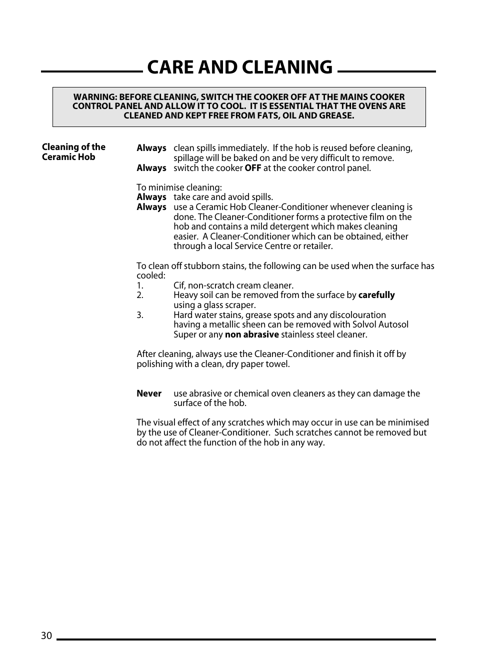 Care and cleaning | Cannon TRADITIONAL 60 User Manual | Page 30 / 36