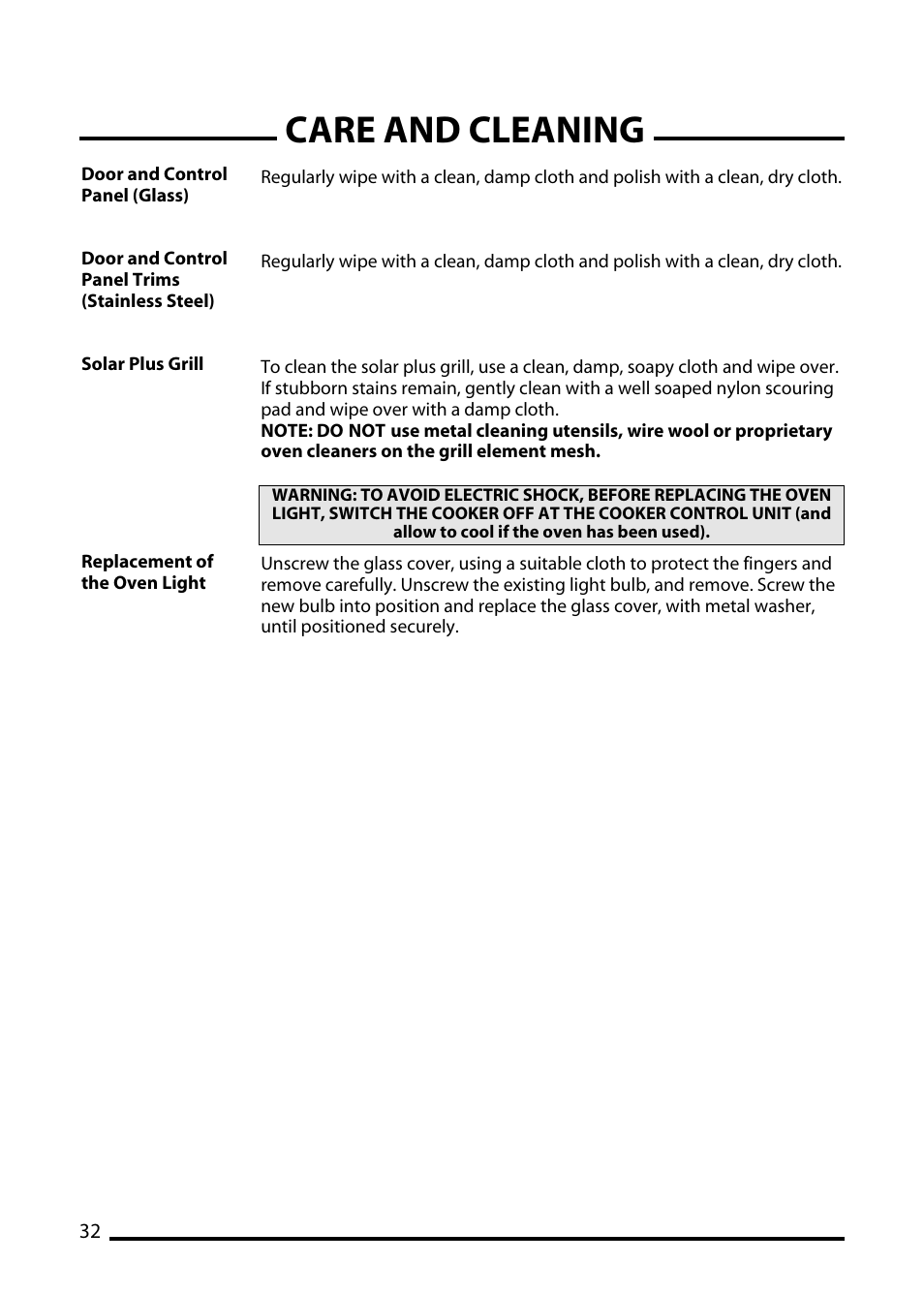 Care and cleaning | Cannon TRADITIONAL 60 User Manual | Page 32 / 36