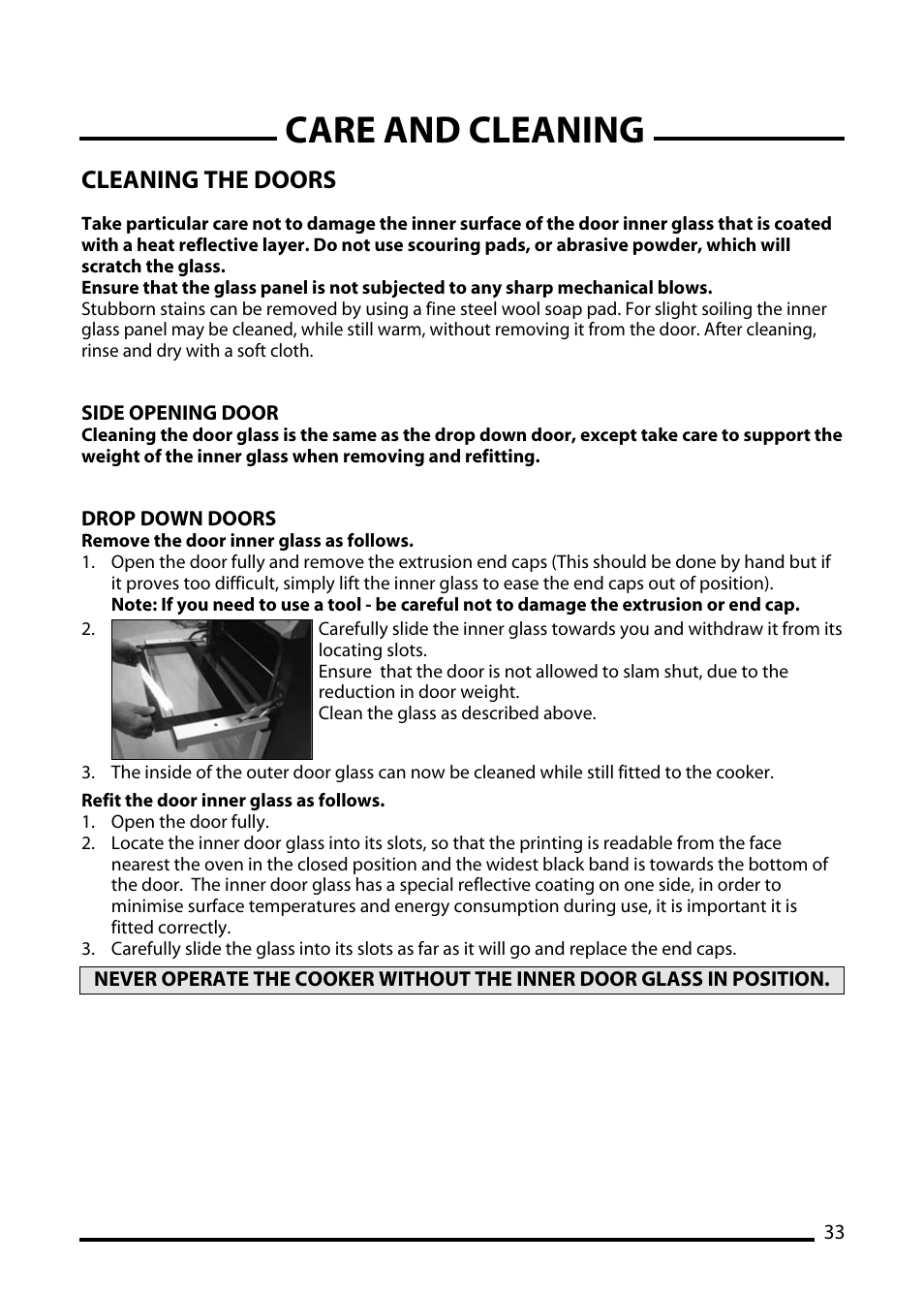 Care and cleaning, Cleaning the doors | Cannon TRADITIONAL 60 User Manual | Page 33 / 36