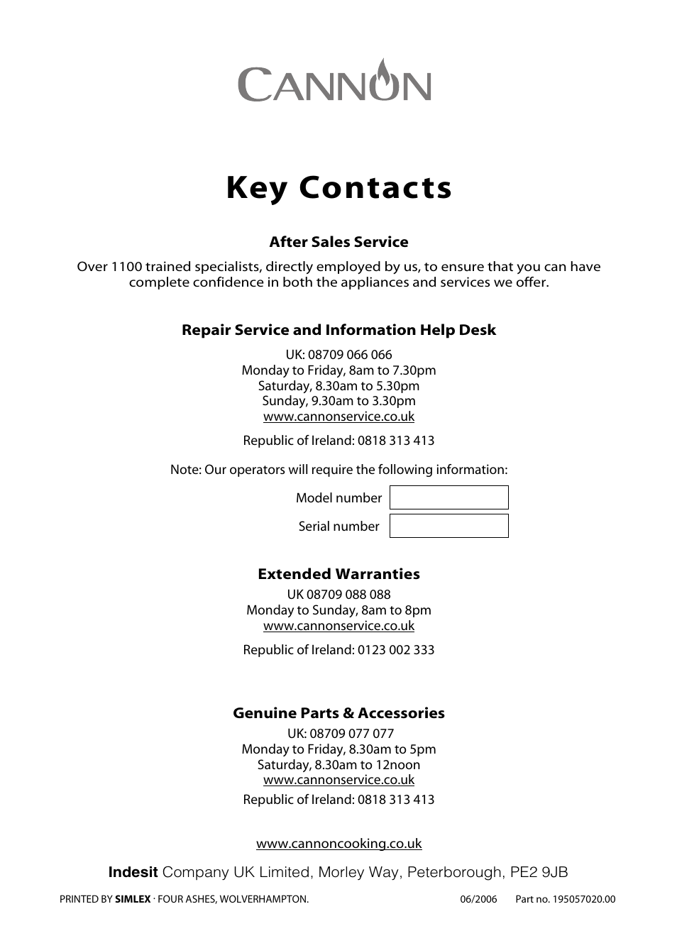 Key contacts | Cannon TRADITIONAL 60 User Manual | Page 36 / 36