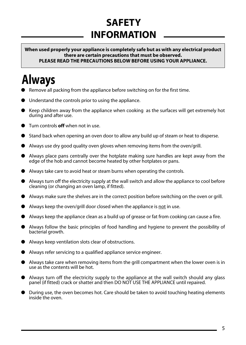 Always, Safety information | Cannon TRADITIONAL 60 User Manual | Page 5 / 36