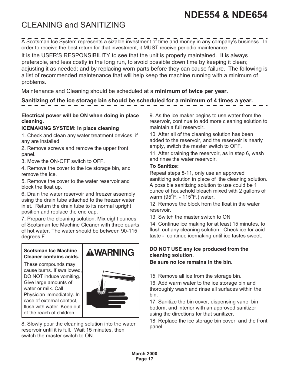 Cleaning and sanitizing | Scotsman NDE554 User Manual | Page 17 / 30