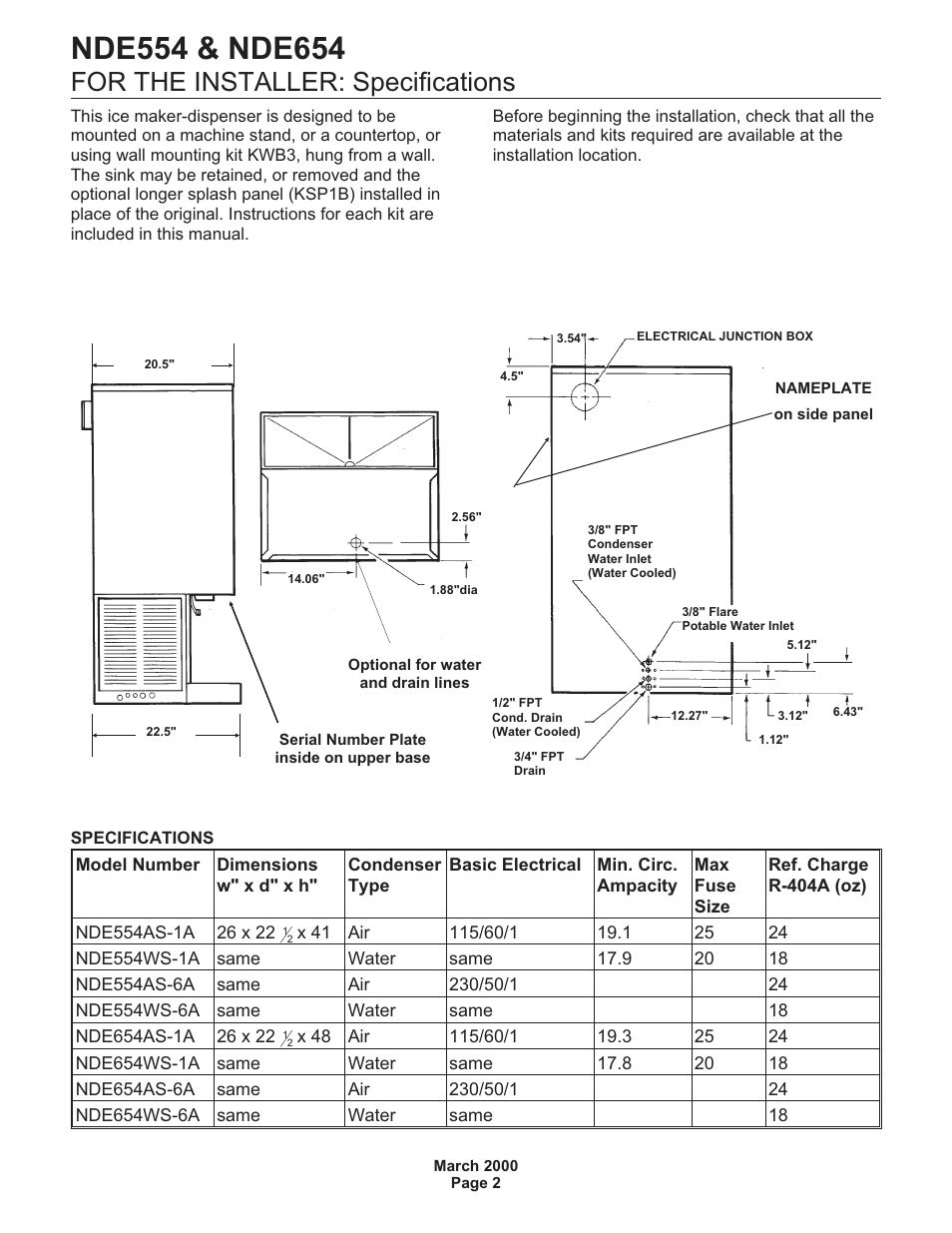 For the installer: specifications | Scotsman NDE554 User Manual | Page 2 / 30