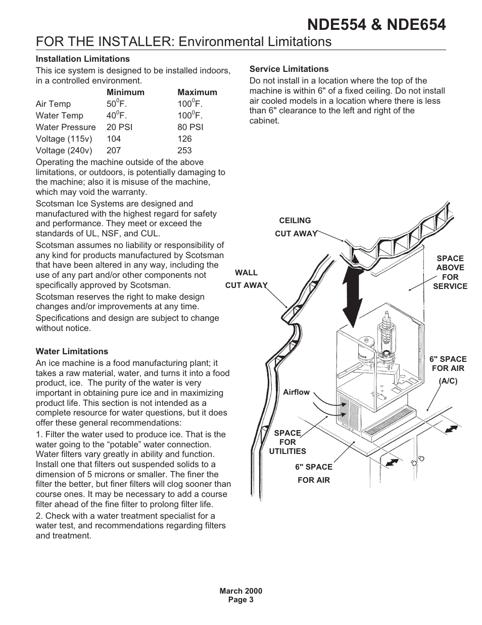 For the installer: environmental limitations | Scotsman NDE554 User Manual | Page 3 / 30