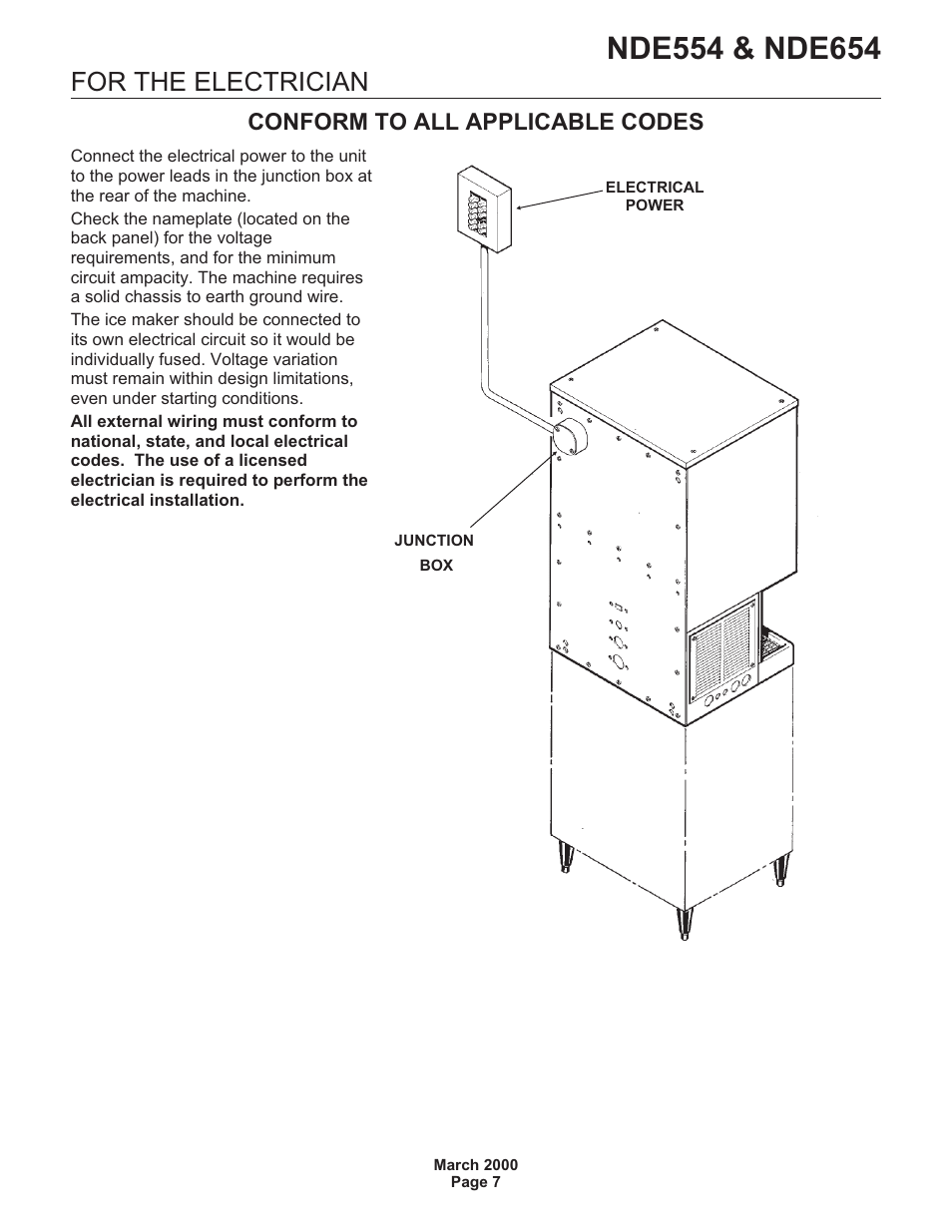 For the electrician, Conform to all applicable codes | Scotsman NDE554 User Manual | Page 7 / 30