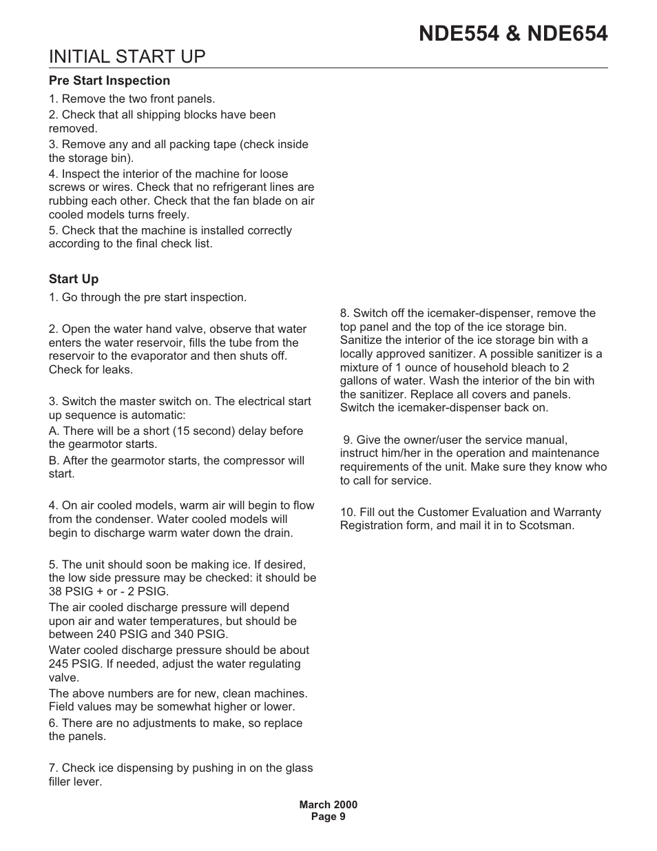 Initial start up | Scotsman NDE554 User Manual | Page 9 / 30