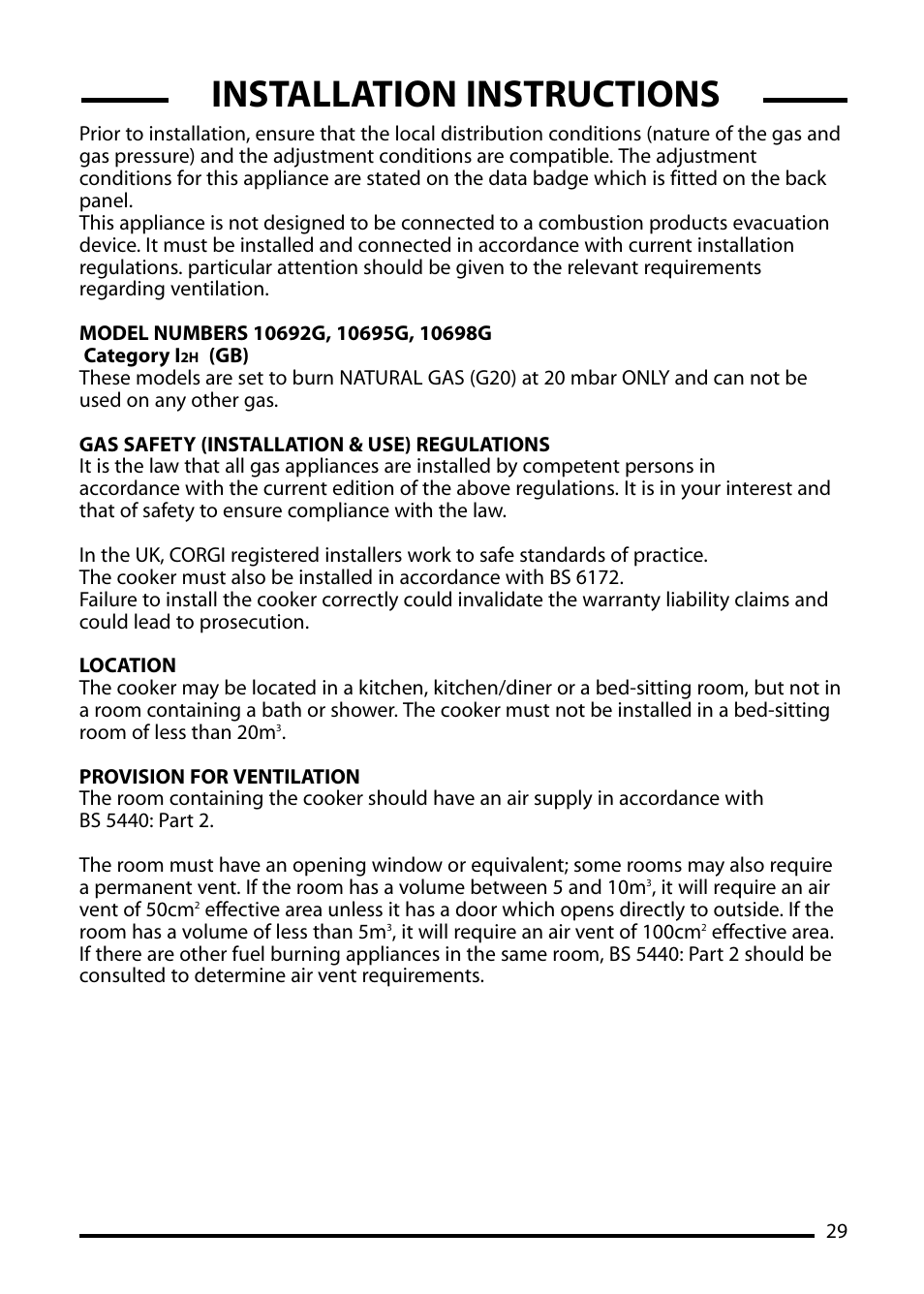Installation instructions | Cannon PEMBROKE 10695G User Manual | Page 29 / 40