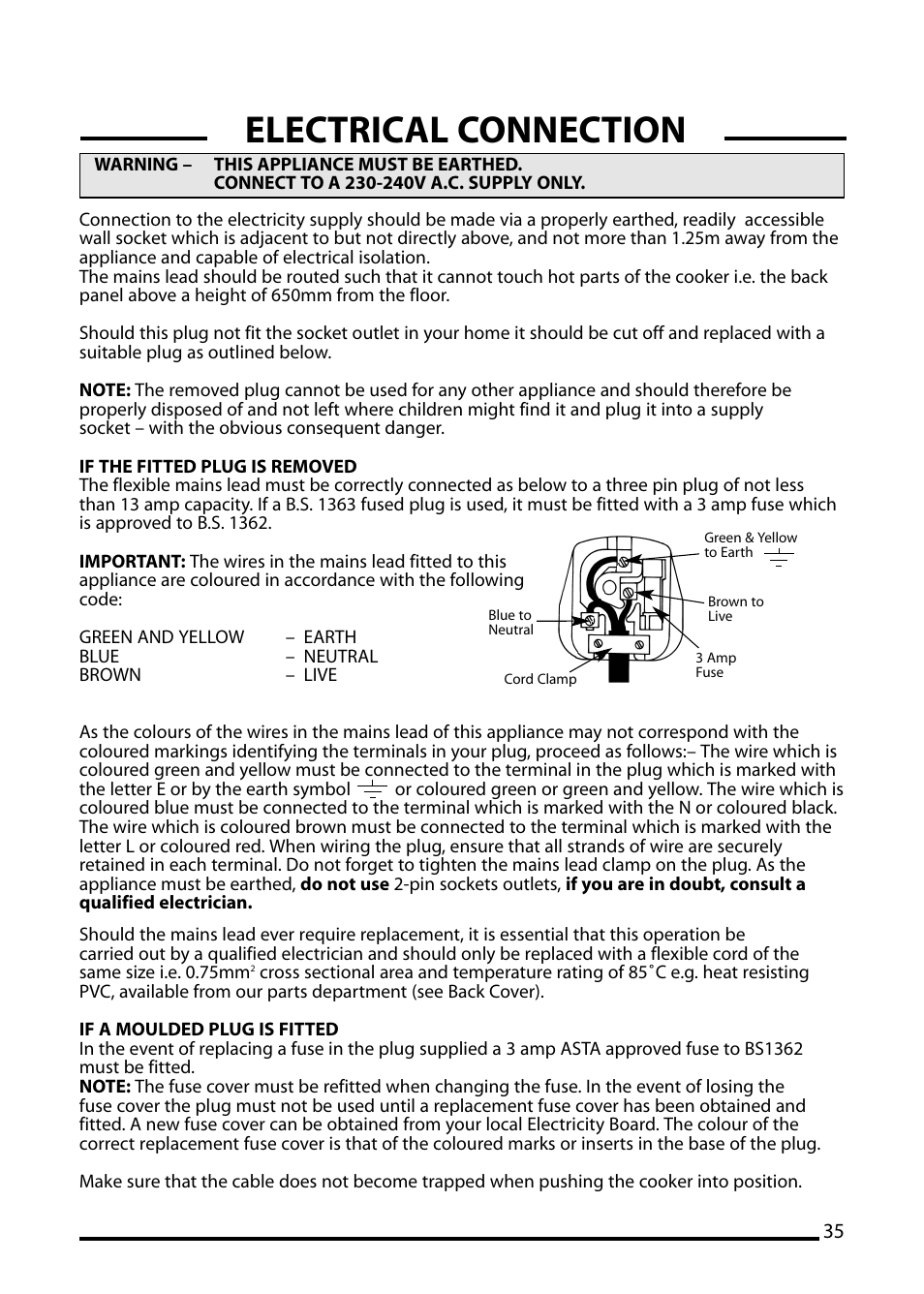 Electrical connection | Cannon PEMBROKE 10695G User Manual | Page 35 / 40