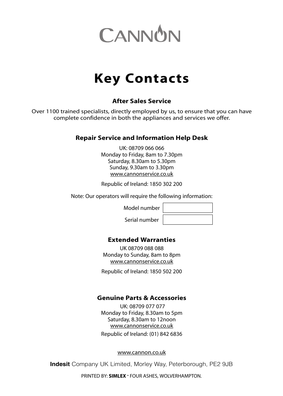 Key contacts | Cannon PEMBROKE 10695G User Manual | Page 40 / 40