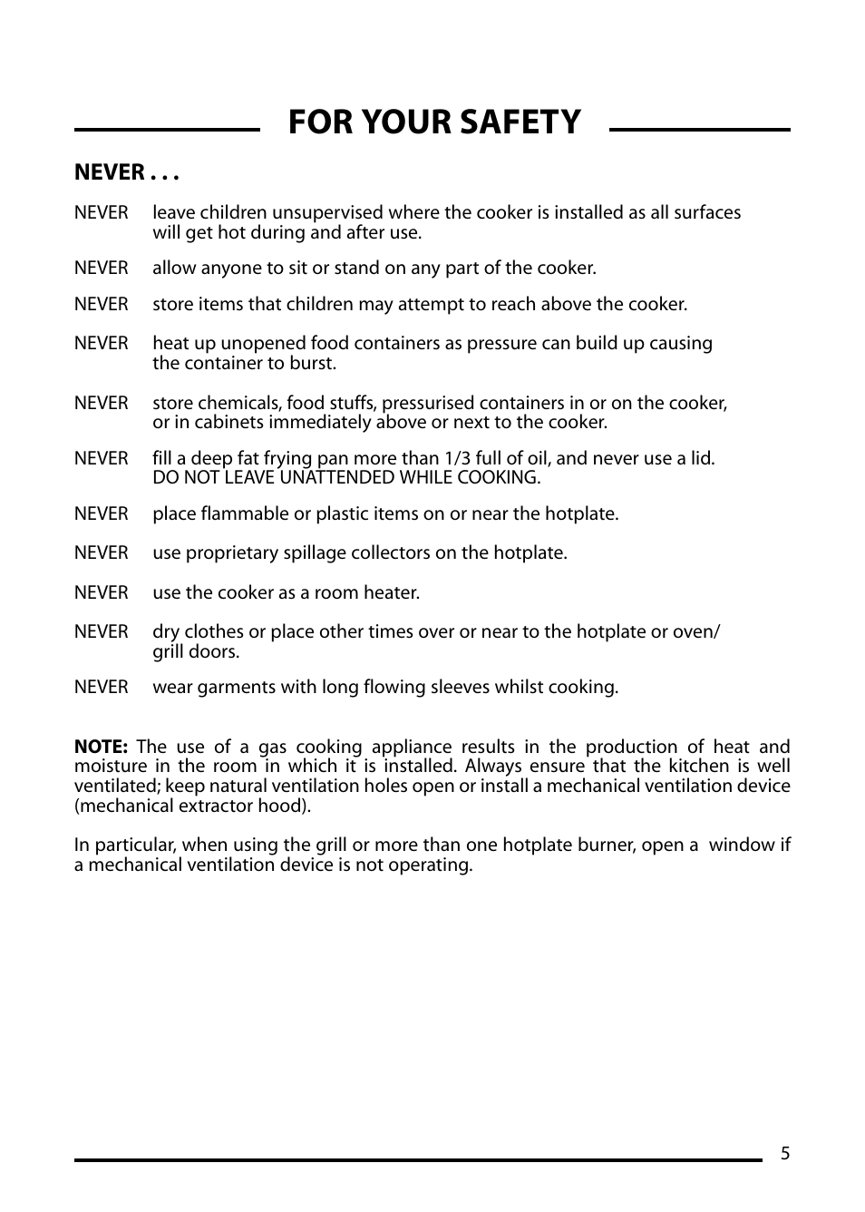 For your safety, Never | Cannon PEMBROKE 10695G User Manual | Page 5 / 40