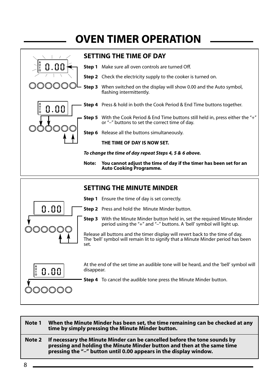 Oven timer operation, Setting the time of day, Setting the minute minder | Cannon PEMBROKE 10695G User Manual | Page 8 / 40