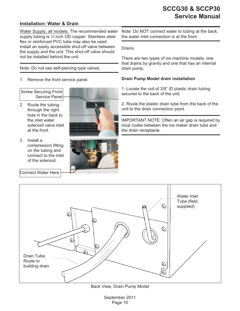 Installation: water & drain, Sccg30 & sccp30 service manual | Scotsman SCCG30 User Manual | Page 11 / 30