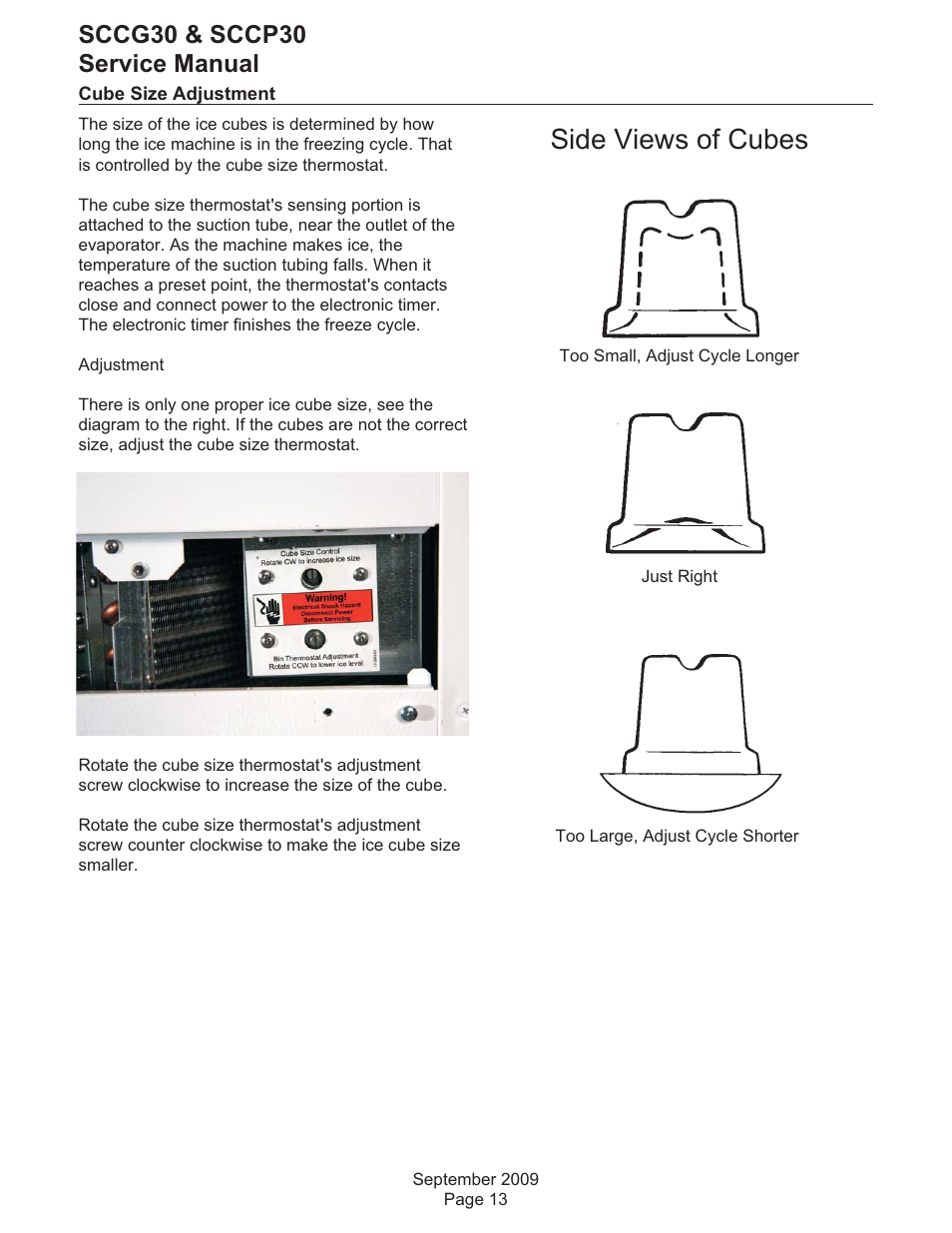 Cube size adjustment, Side views of cubes, Sccg30 & sccp30 service manual | Scotsman SCCG30 User Manual | Page 14 / 30