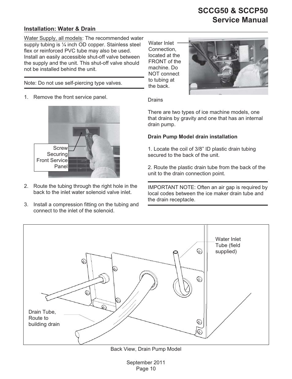 Installation: water & drain, Sccg50 & sccp50 service manual | Scotsman SCCG50 User Manual | Page 11 / 33