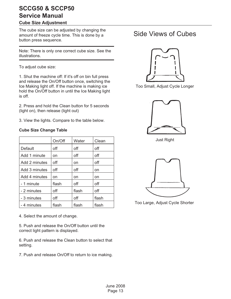 Cube size adjustment, Side views of cubes, Sccg50 & sccp50 service manual | Scotsman SCCG50 User Manual | Page 14 / 33