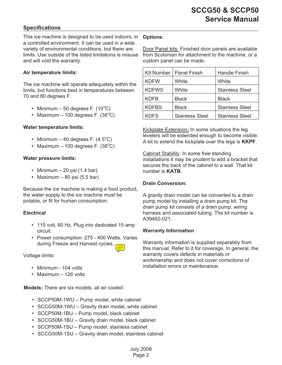 Sccg50 & sccp50 service manual | Scotsman SCCG50 User Manual | Page 2 / 33
