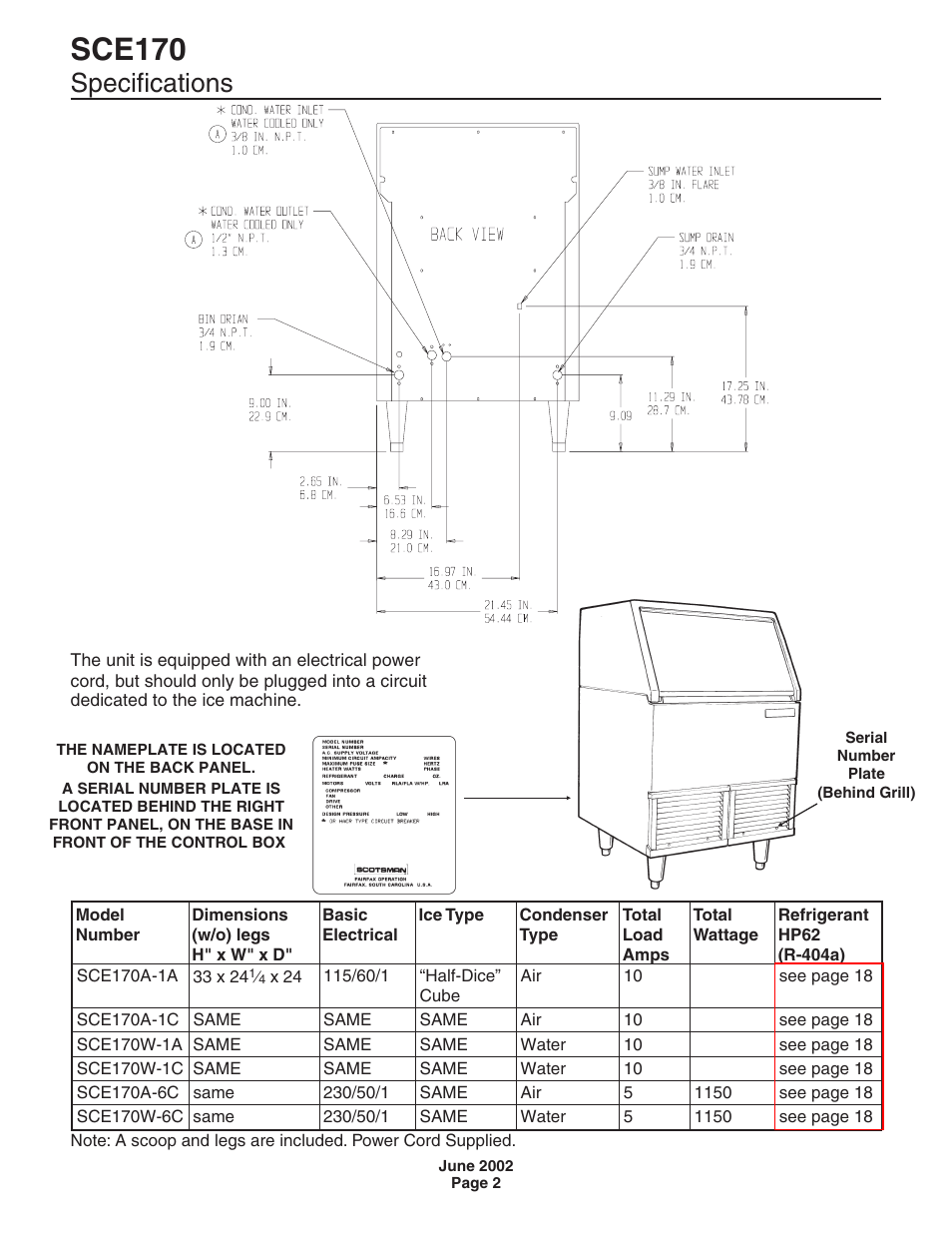 Specifications, Sce170 | Scotsman SCE170 User Manual | Page 2 / 32