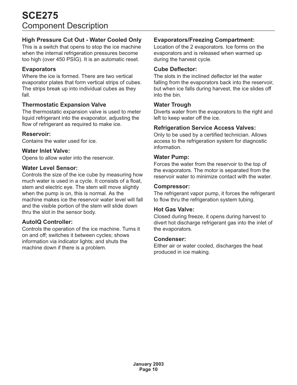 Component description 10, Sce275, Component description | Scotsman SCE275 User Manual | Page 10 / 36