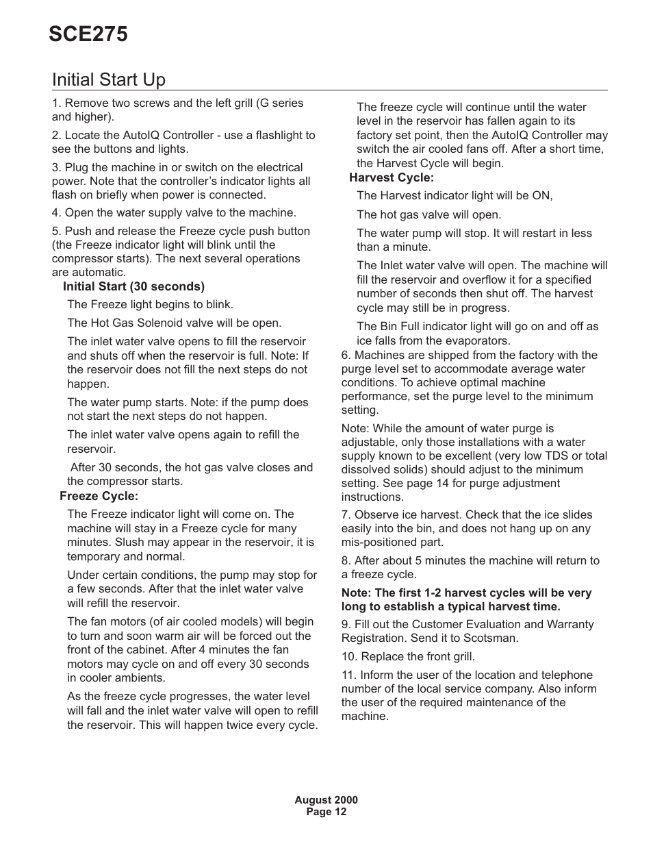 Initial start up 12, Sce275, Initial start up | Scotsman SCE275 User Manual | Page 12 / 36
