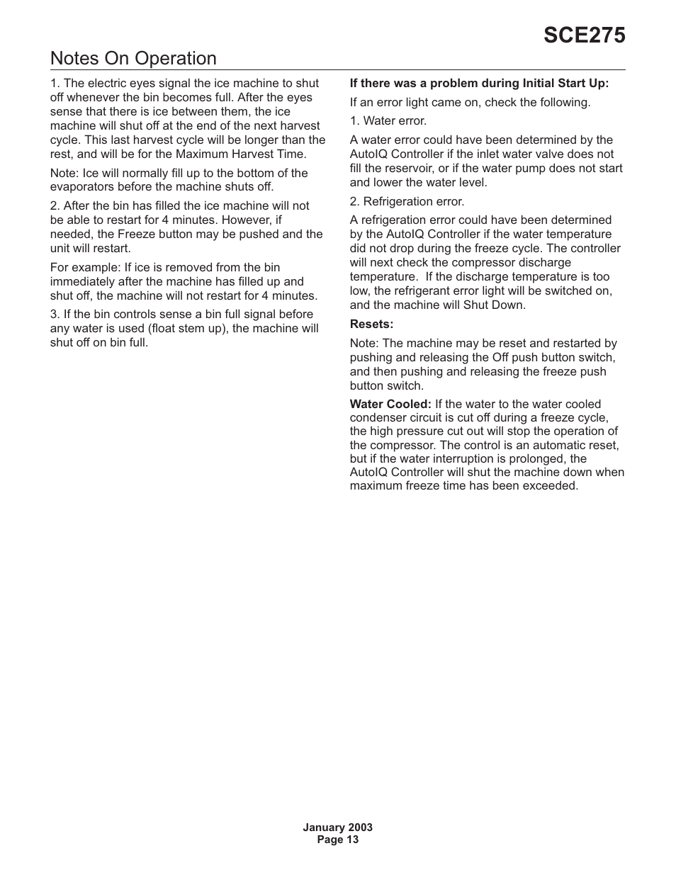 Notes on operation 13, Sce275 | Scotsman SCE275 User Manual | Page 13 / 36