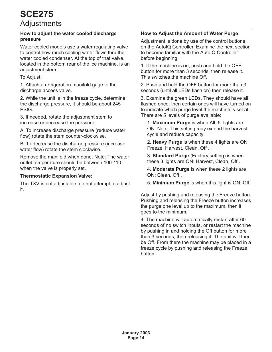 Adjustments 14, Sce275, Adjustments | Scotsman SCE275 User Manual | Page 14 / 36