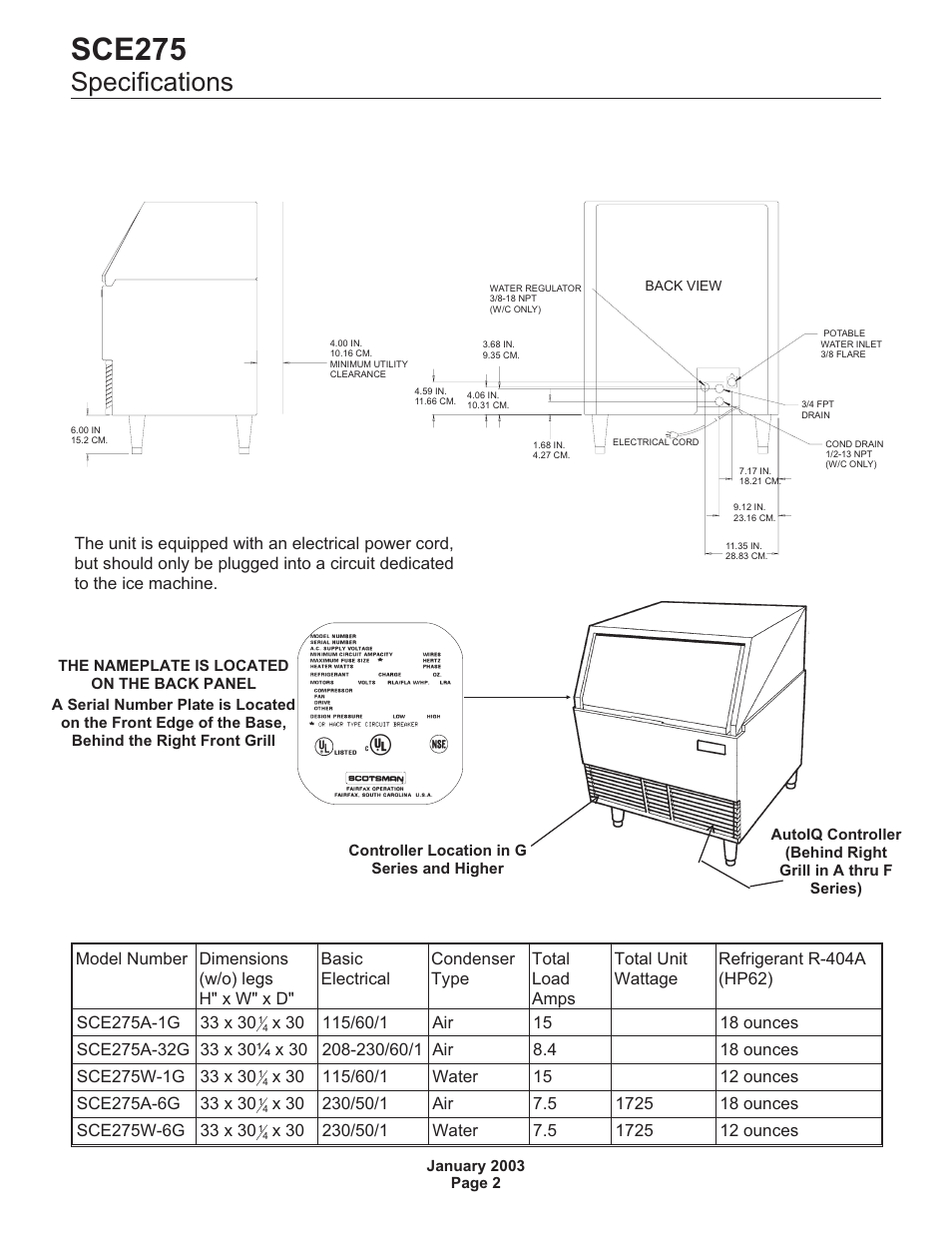 Sce275, Specifications | Scotsman SCE275 User Manual | Page 2 / 36