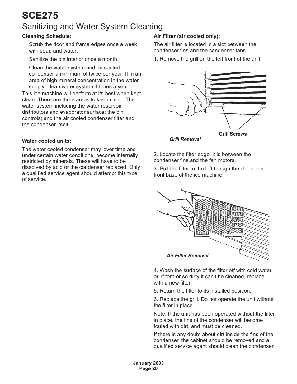 Sanitizing and water system cleaning 20, Sce275, Sanitizing and water system cleaning | Scotsman SCE275 User Manual | Page 20 / 36