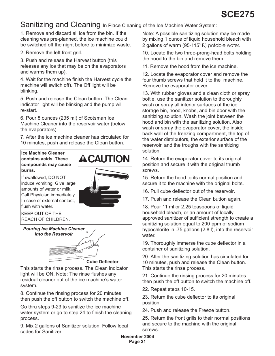 Sanitizing and cleaning 21, Sce275, Sanitizing and cleaning | Scotsman SCE275 User Manual | Page 21 / 36
