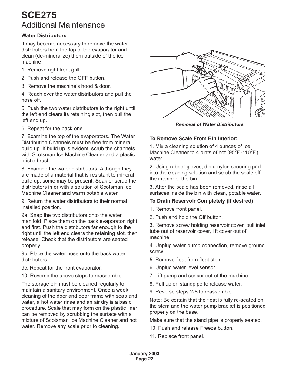Additional maintenance 22, Sce275, Additional maintenance | Scotsman SCE275 User Manual | Page 22 / 36