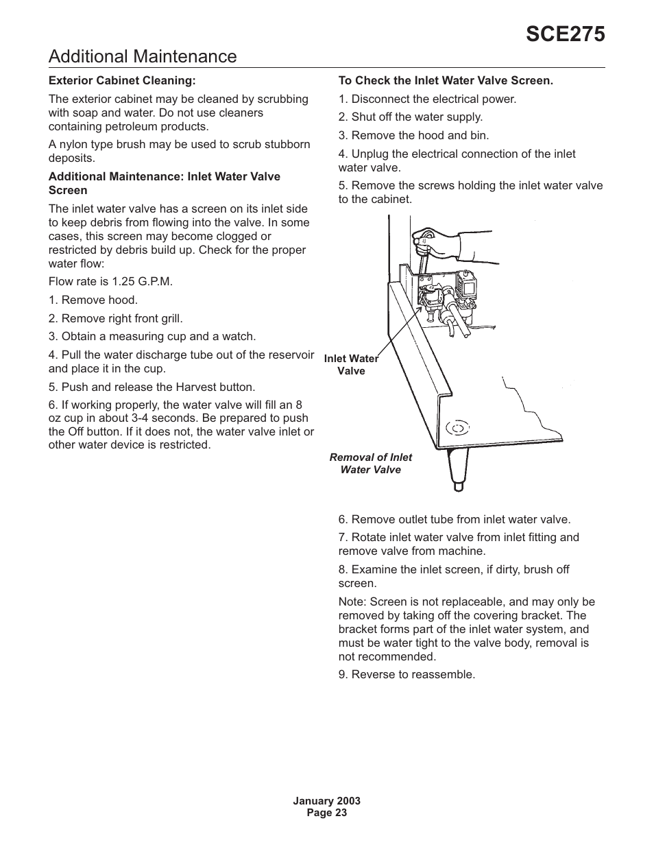 Additional maintenance 23, Sce275, Additional maintenance | Scotsman SCE275 User Manual | Page 23 / 36