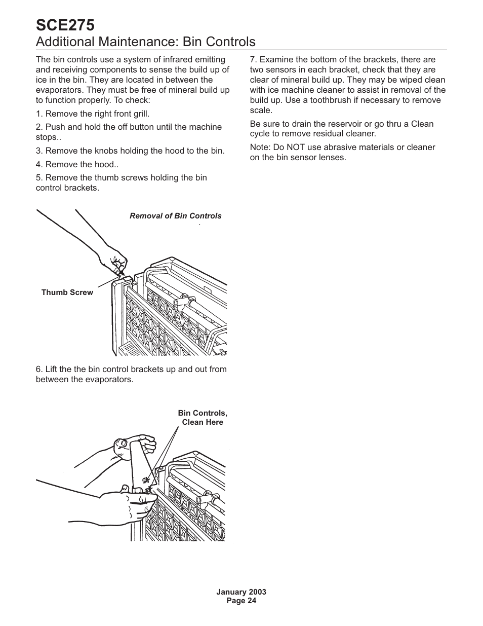 Additional maintenance: bin controls 24, Sce275, Additional maintenance: bin controls | Scotsman SCE275 User Manual | Page 24 / 36