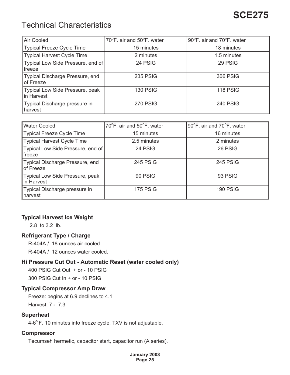 Technical characteristics 25, Sce275, Technical characteristics | Scotsman SCE275 User Manual | Page 25 / 36