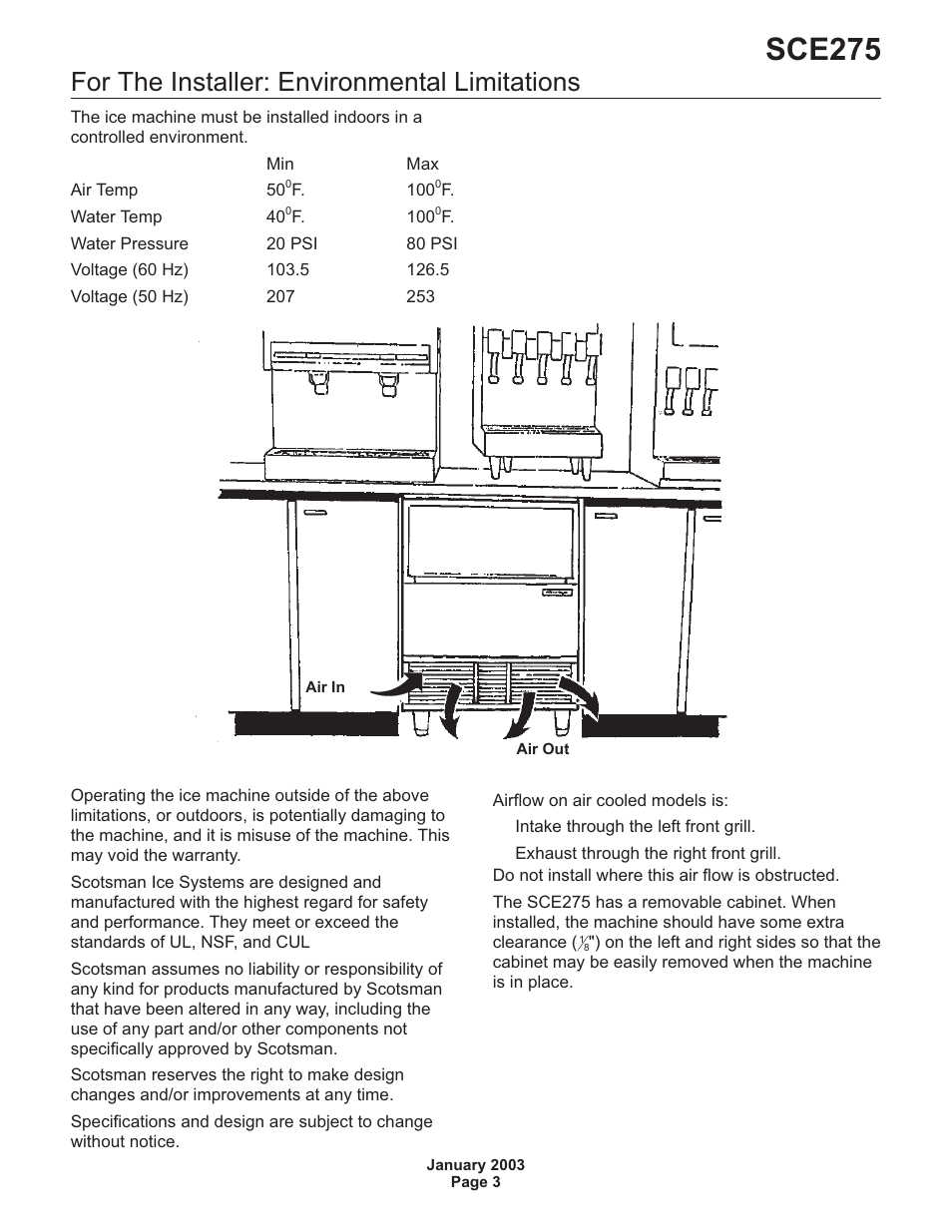 For the installer: environmental limitations 3, Sce275, For the installer: environmental limitations | Scotsman SCE275 User Manual | Page 3 / 36
