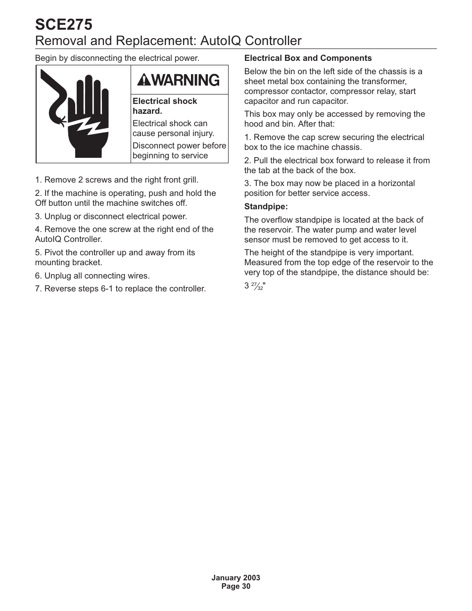 Removal and replacement: autoiq controller 30, Sce275, Removal and replacement: autoiq controller | Scotsman SCE275 User Manual | Page 30 / 36