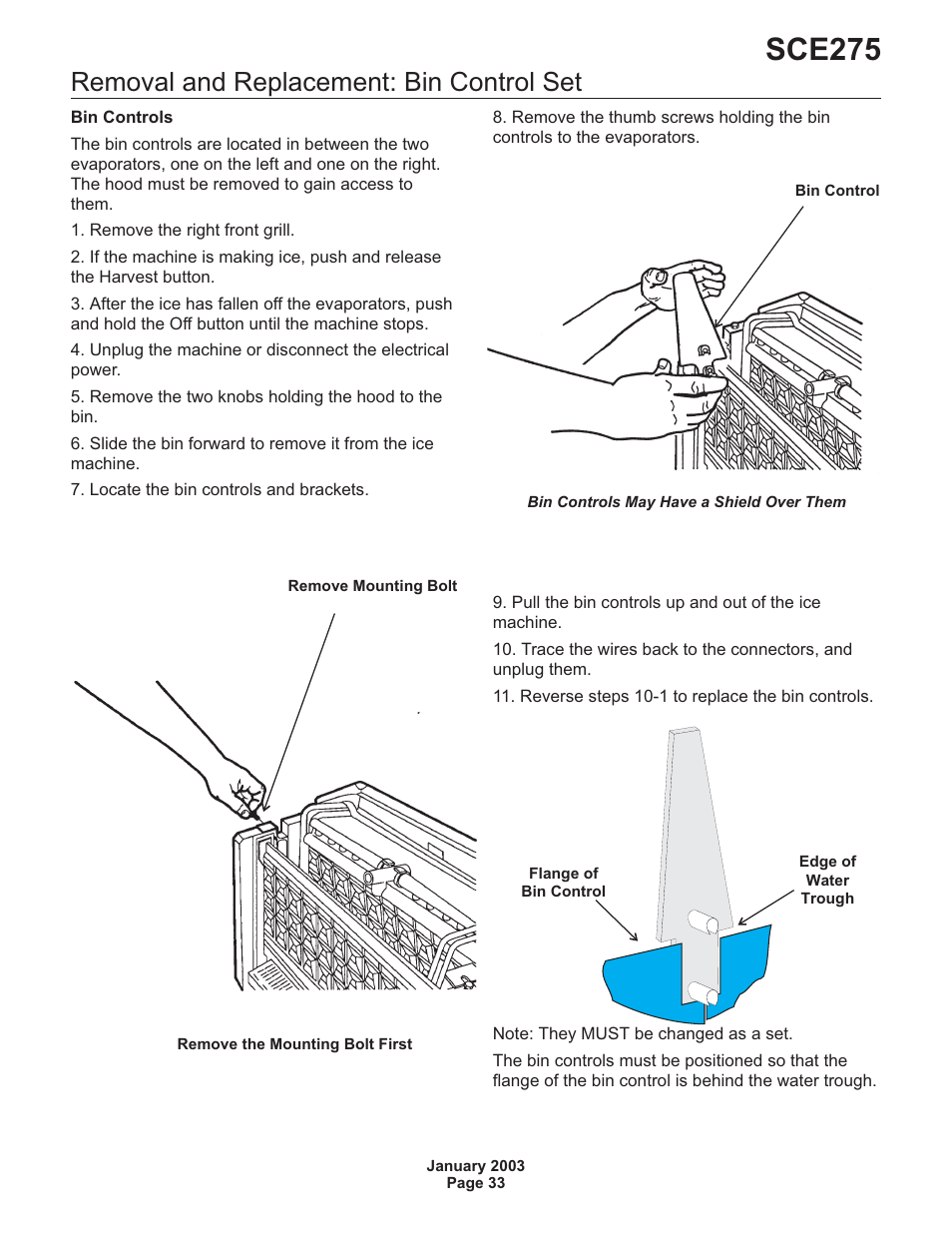 Removal and replacement: bin control set 33, Sce275, Removal and replacement: bin control set | Scotsman SCE275 User Manual | Page 33 / 36