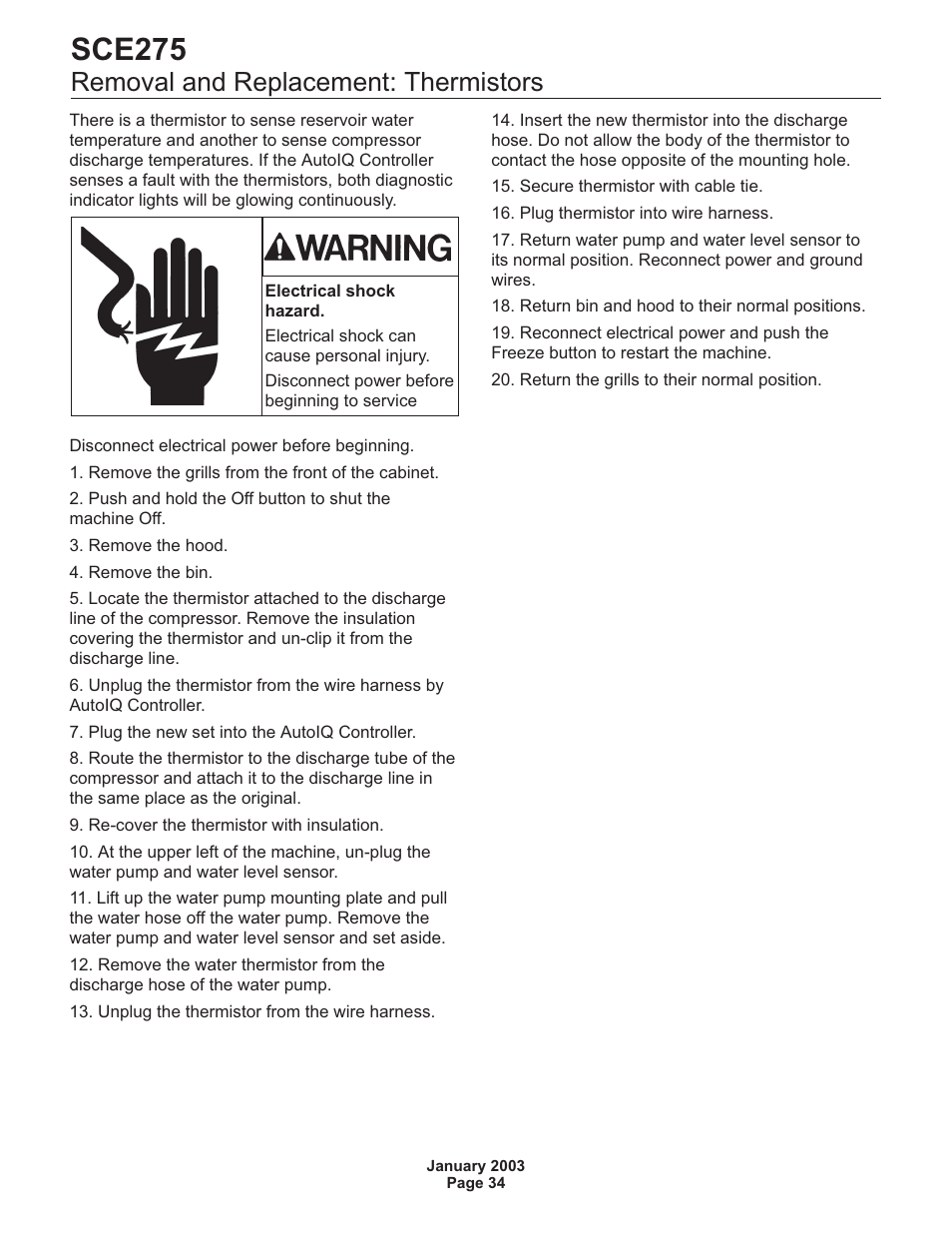 Removal and replacement: thermistors 34, Sce275, Removal and replacement: thermistors | Scotsman SCE275 User Manual | Page 34 / 36