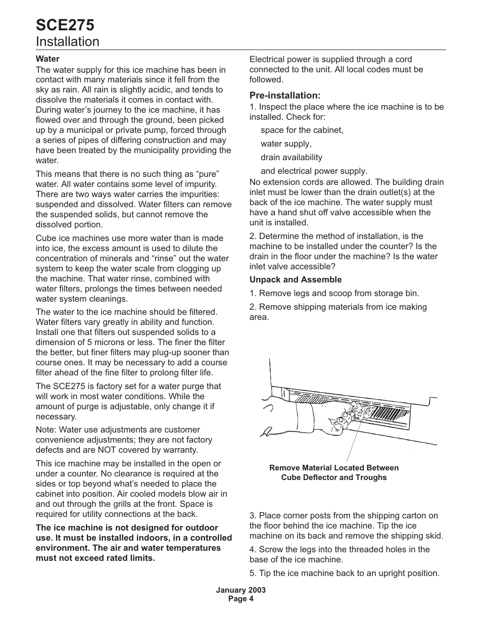 Installation 4, Sce275, Installation | Scotsman SCE275 User Manual | Page 4 / 36