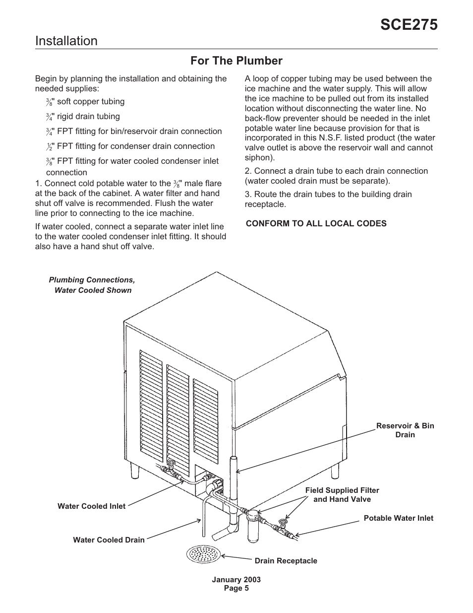 Installation 5, Sce275, Installation | For the plumber | Scotsman SCE275 User Manual | Page 5 / 36