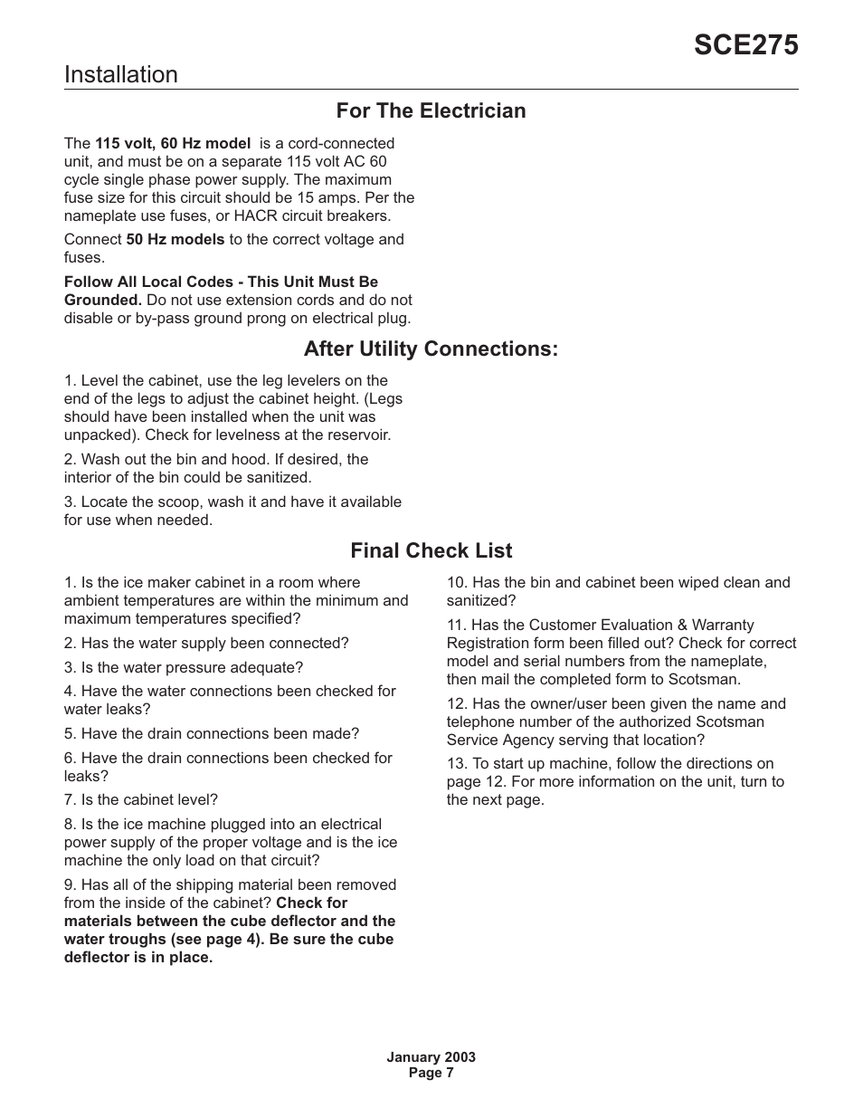Installation 7, Sce275, Installation | For the electrician, After utility connections, Final check list | Scotsman SCE275 User Manual | Page 7 / 36