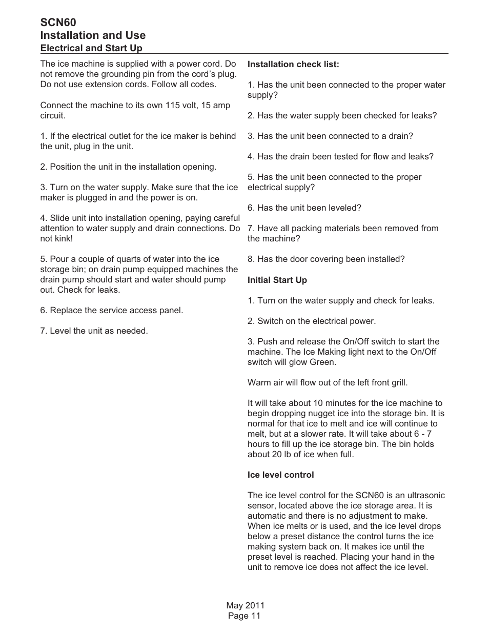 Scn60 installation and use | Scotsman SCN60 User Manual | Page 12 / 38