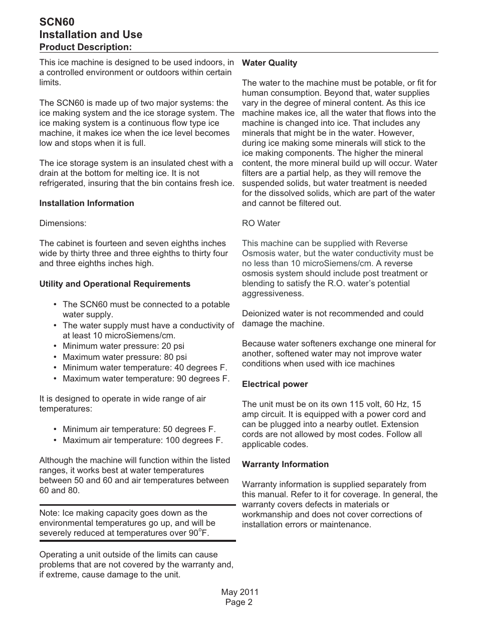 Scn60 installation and use | Scotsman SCN60 User Manual | Page 2 / 38