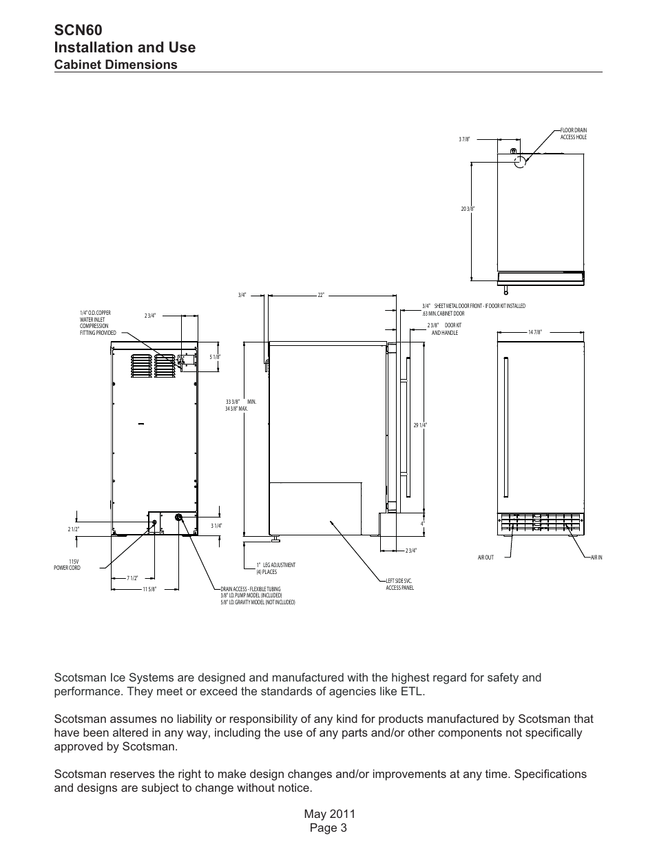 Scn60 installation and use, Cabinet dimensions | Scotsman SCN60 User Manual | Page 3 / 38