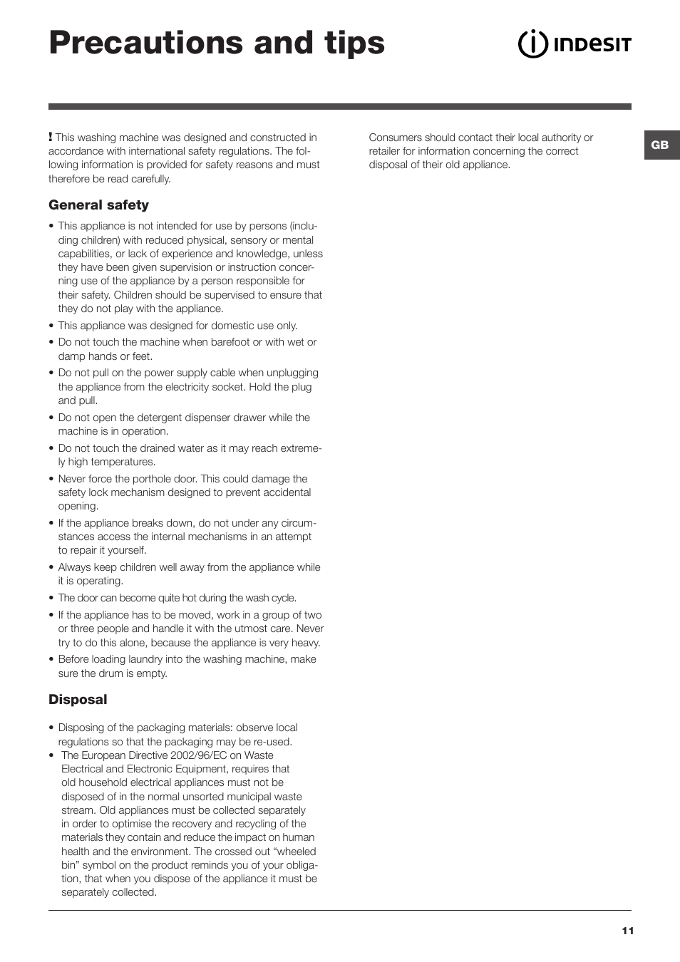 Precautions and tips | Indesit IWD 71251 User Manual | Page 11 / 16