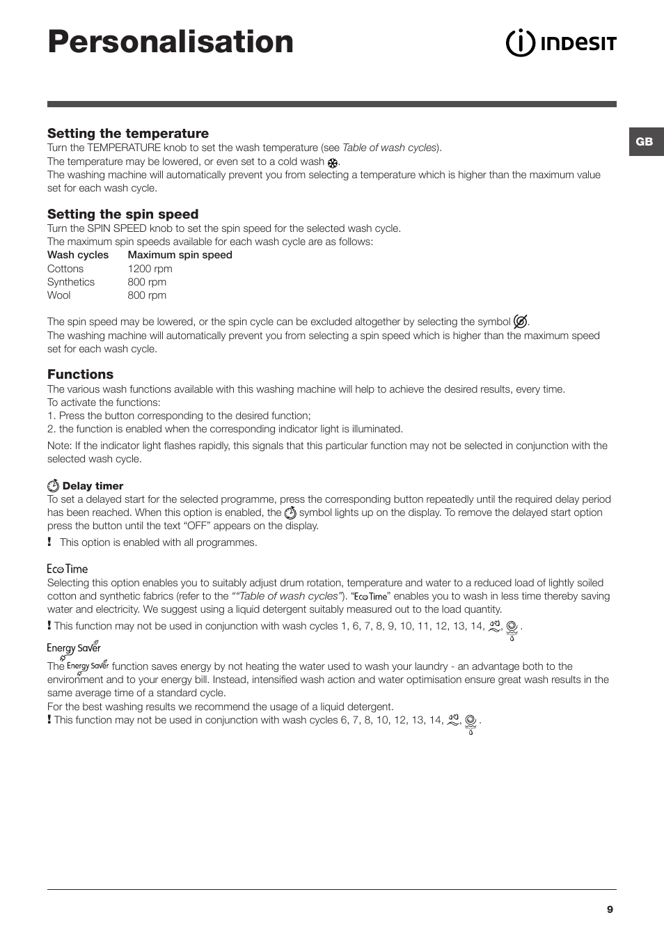 Personalisation | Indesit IWD 71251 User Manual | Page 9 / 16