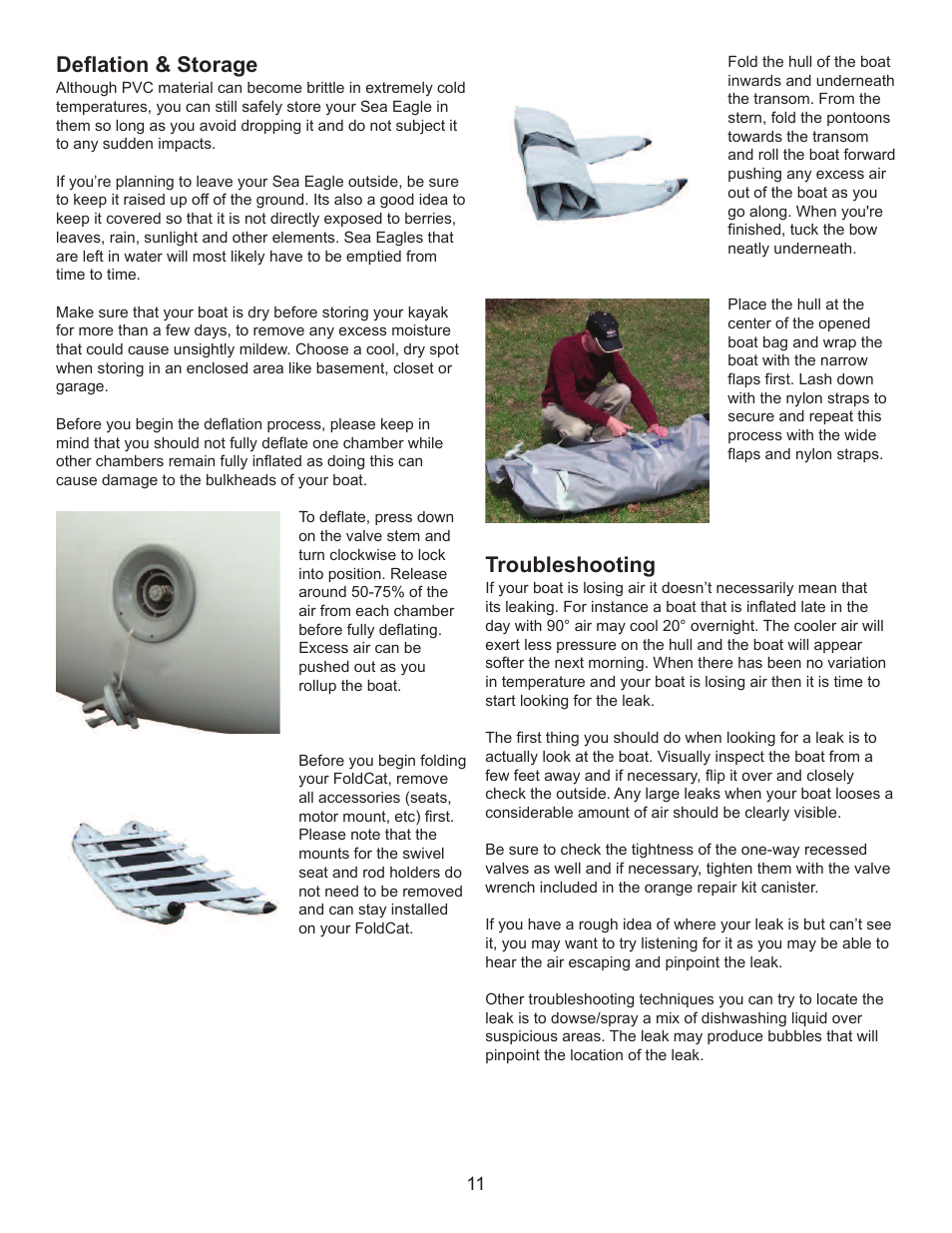 Deflation & storage, Troubleshooting | Sea Eagle Classic FoldCat (Classic 375FC) User Manual | Page 12 / 15