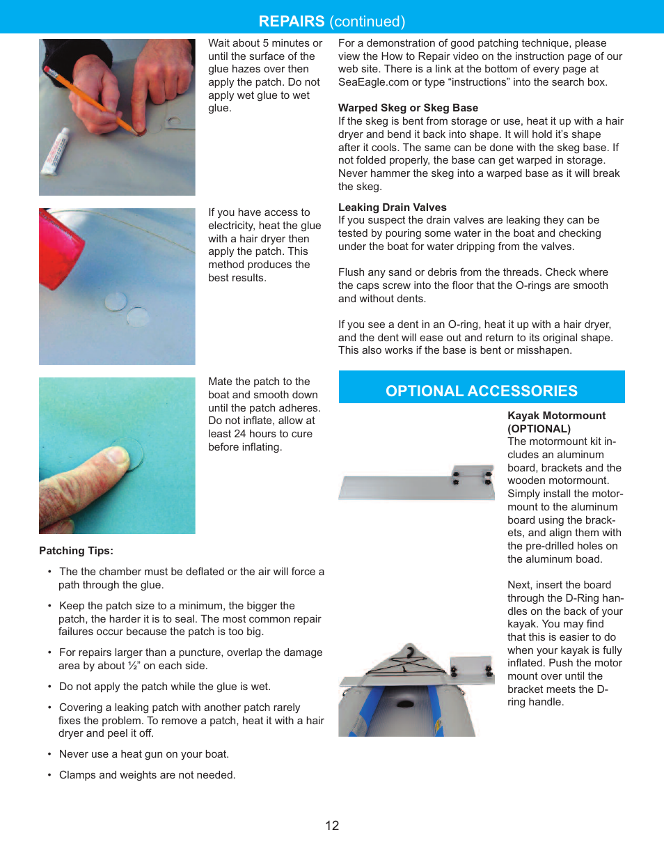 Repairs (continued) optional accessories | Sea Eagle FastTrack Kayaks (385FT, 385FTG, 465FT) User Manual | Page 13 / 15