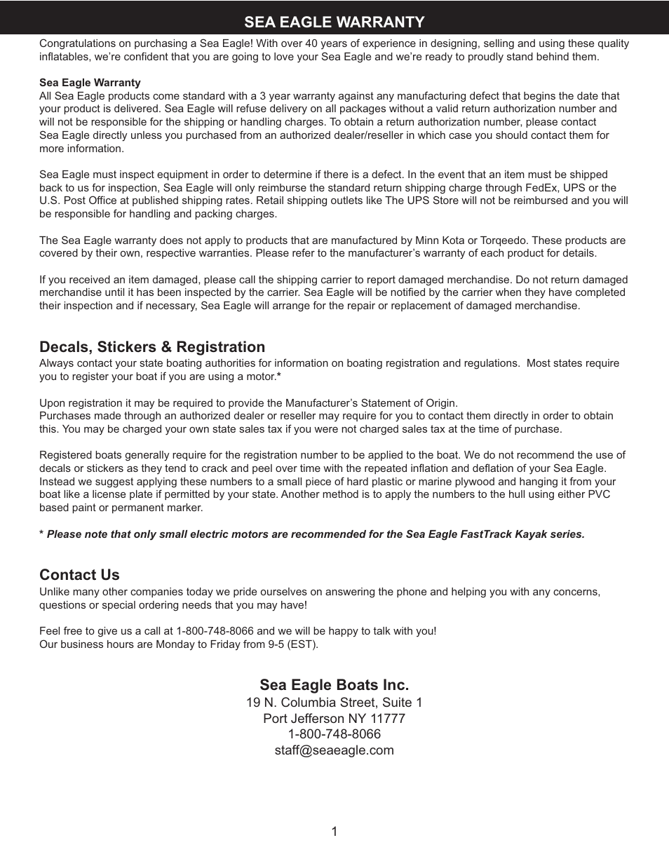 Decals, stickers & registration, Contact us, Sea eagle boats inc | Sea eagle warranty | Sea Eagle FastTrack Kayaks (385FT, 385FTG, 465FT) User Manual | Page 2 / 15