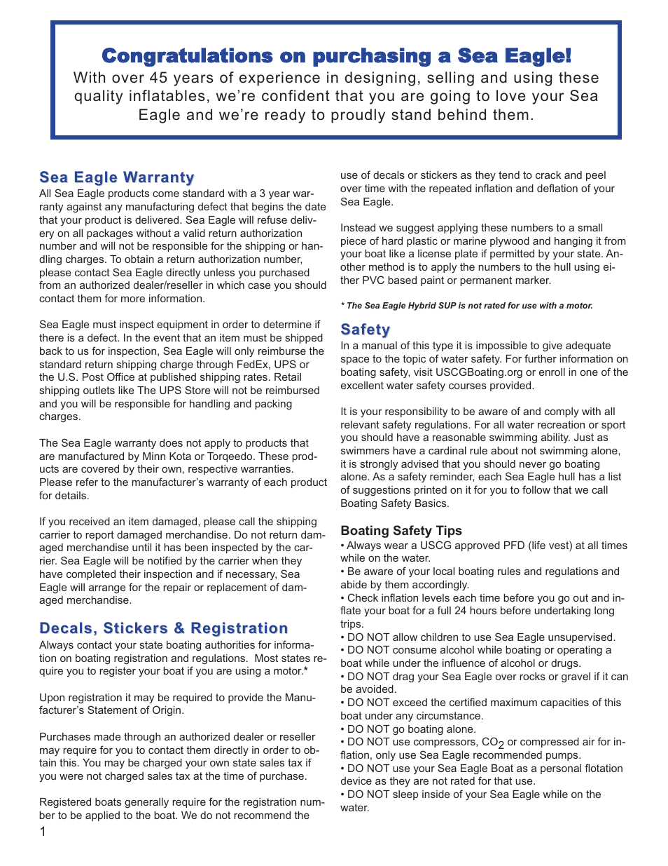 Sea eagle warranty, Decals, stickers & registration, Safety | Sea Eagle Hybrid SUP (HB96) User Manual | Page 2 / 13