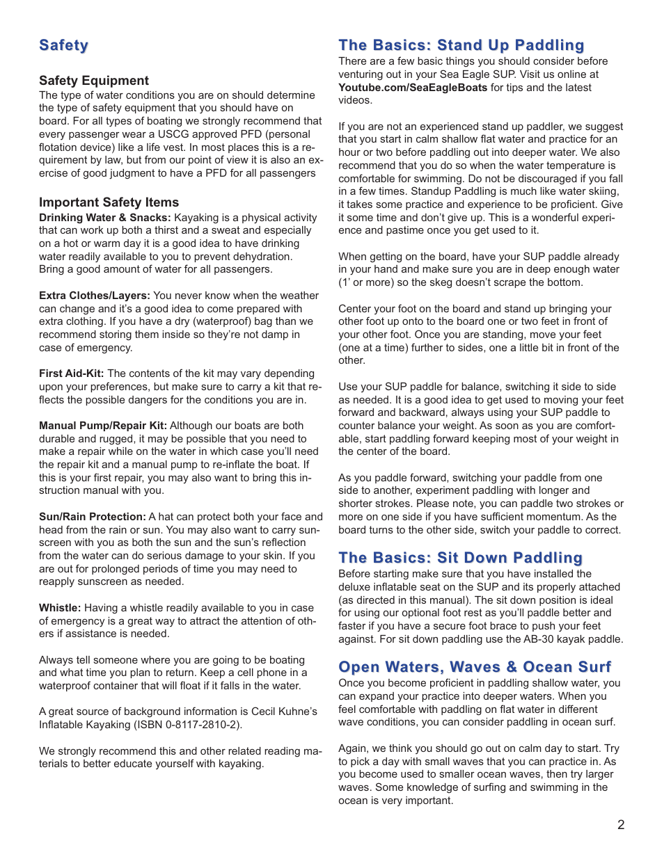 Safety, The basics: stand up paddling, The basics: sit down paddling | Open waters, waves & ocean surf | Sea Eagle Hybrid SUP (HB96) User Manual | Page 3 / 13