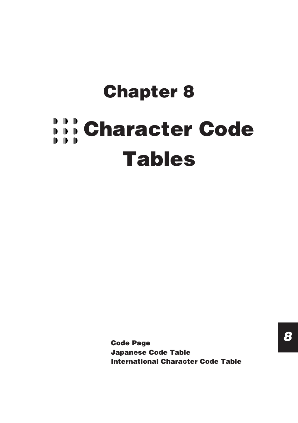 Chapter 8 character code tables, Character code tables, Chapter 8 | CBM America CBM-262 User Manual | Page 116 / 130